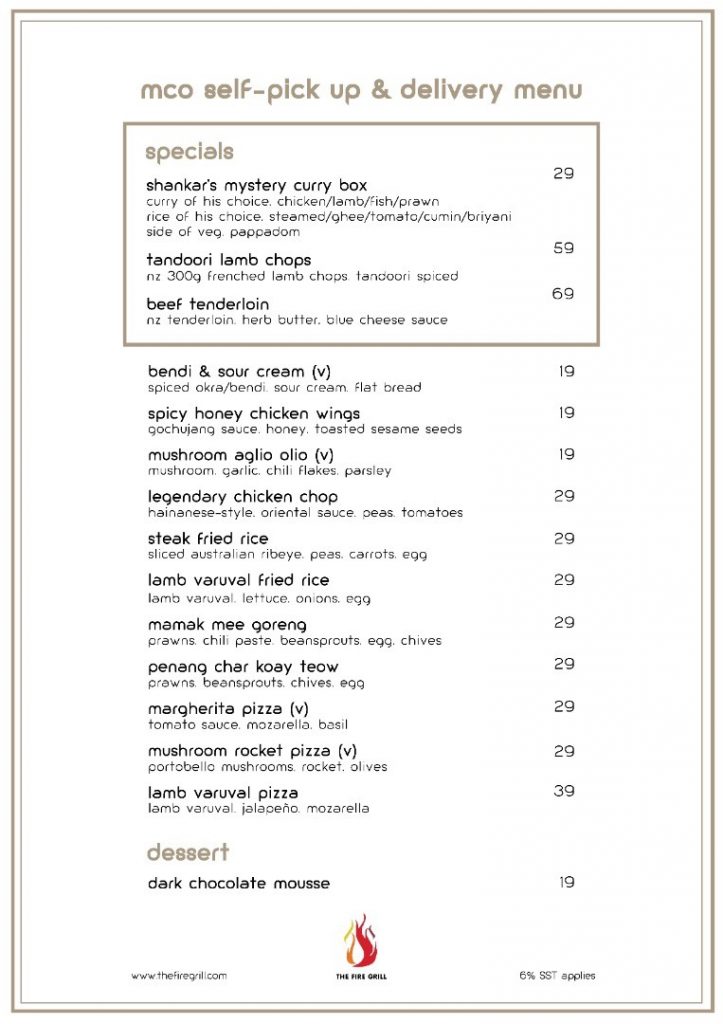 The Fire Grill MCO 2.0 Self-pickup & Delivery Menu