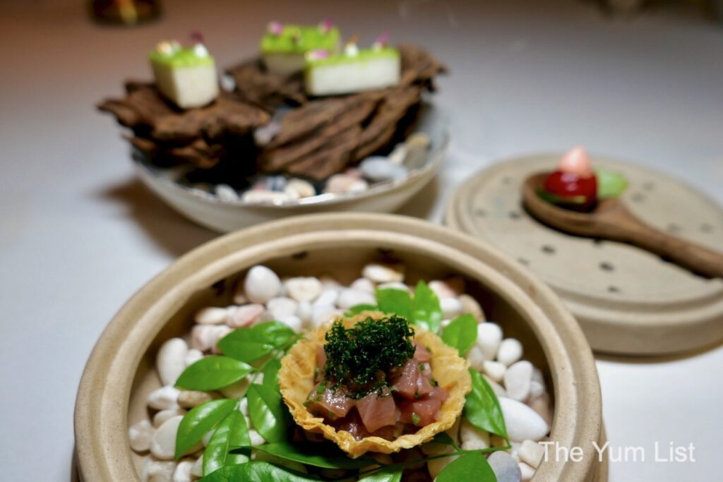 Fine Dining Penang Canapés of Chutoro Tart | Plum Tomato | Nagaimo 