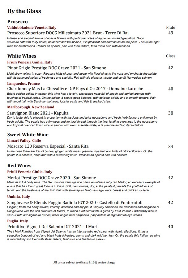 Zenzero Italian Restaurant Wine List