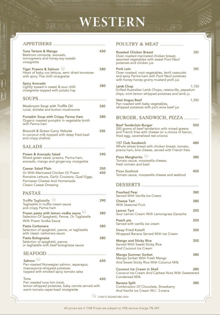 Palette Restaurant Menu  Chiang Mai