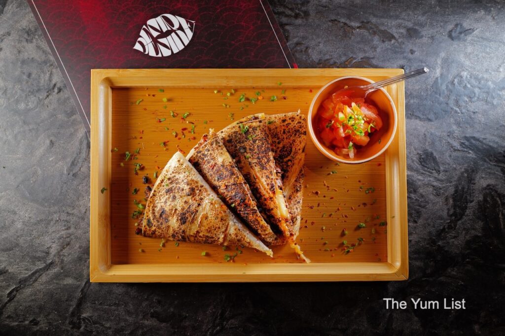 Food Menu Quesadillas on wooden tray