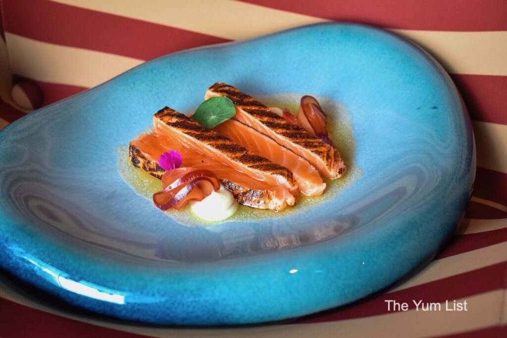 Asador V Kuala Lumpur Salmon Crudo on blue plate