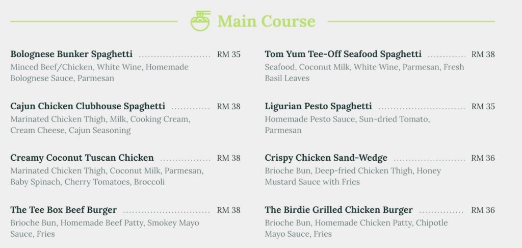 Wedge Golf Range & Social Club Example of Food Menu and Prices 