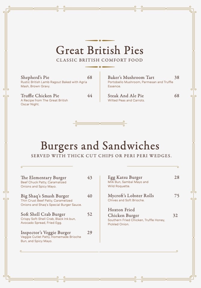 Elementary TRX Menu and Prices British Pies, Burgers & Sandwiches