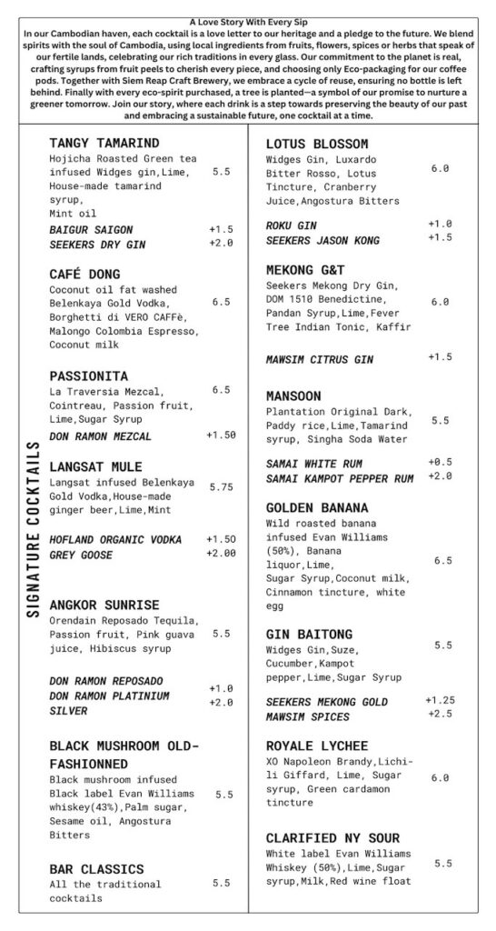 Infusion Bar Siem Reap's Craft Cocktail Menu