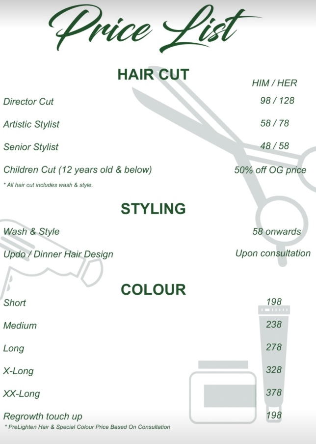 Hair Cut, Styling & Montibello Colour Menu & Prices Malaysia