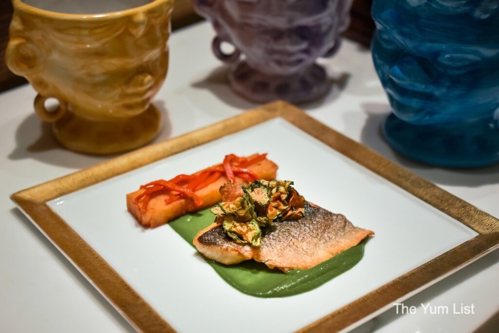 Branzino con Zucchine alla Scapece e Presse di Patate 