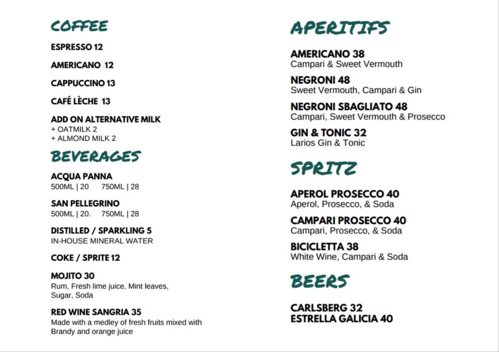 Barra Drinks Menu & Prices