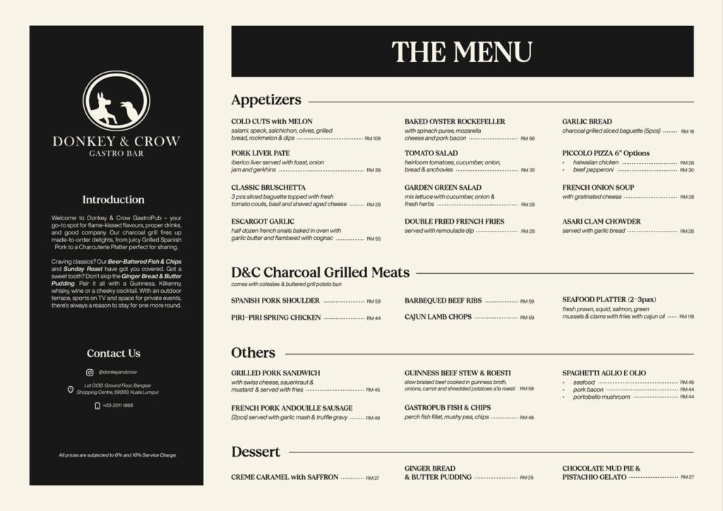 Donkey & Crow GastroPub Menu BSC