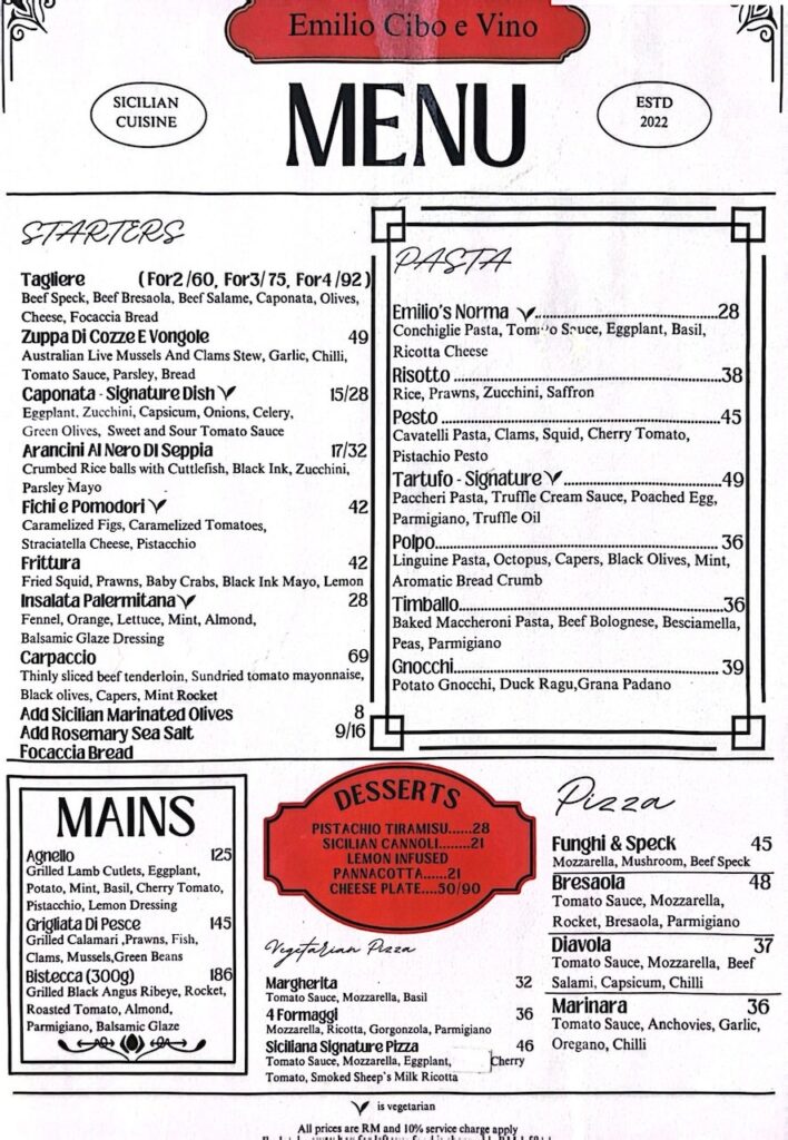 Emilio Cibo e Vino Menu