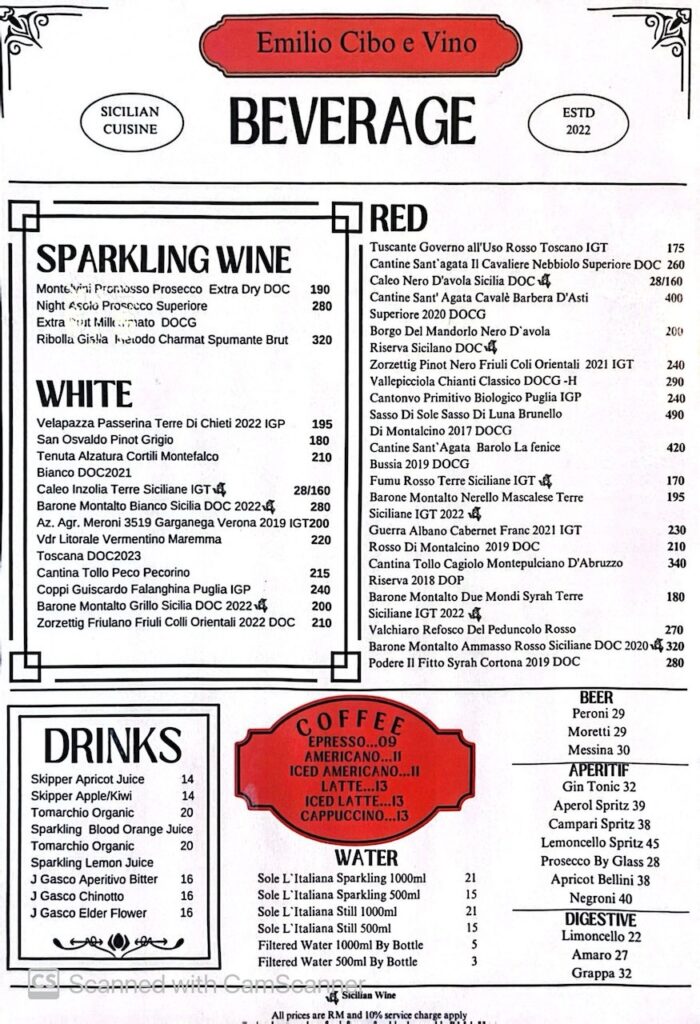 Emilio Cibo e Vino Glo Damansara Menu