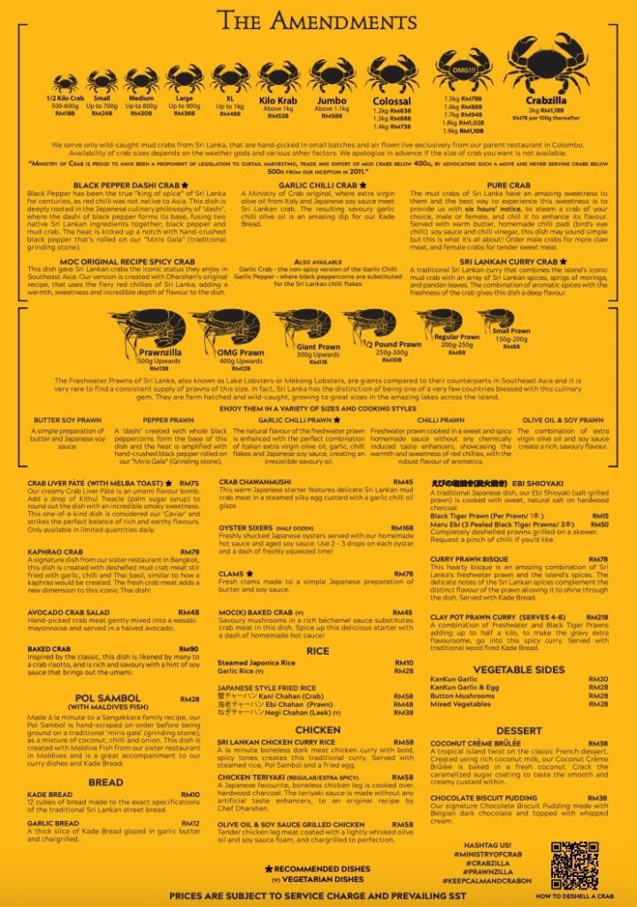Ministry of Crab Kuala Lumpur Menu & Prices