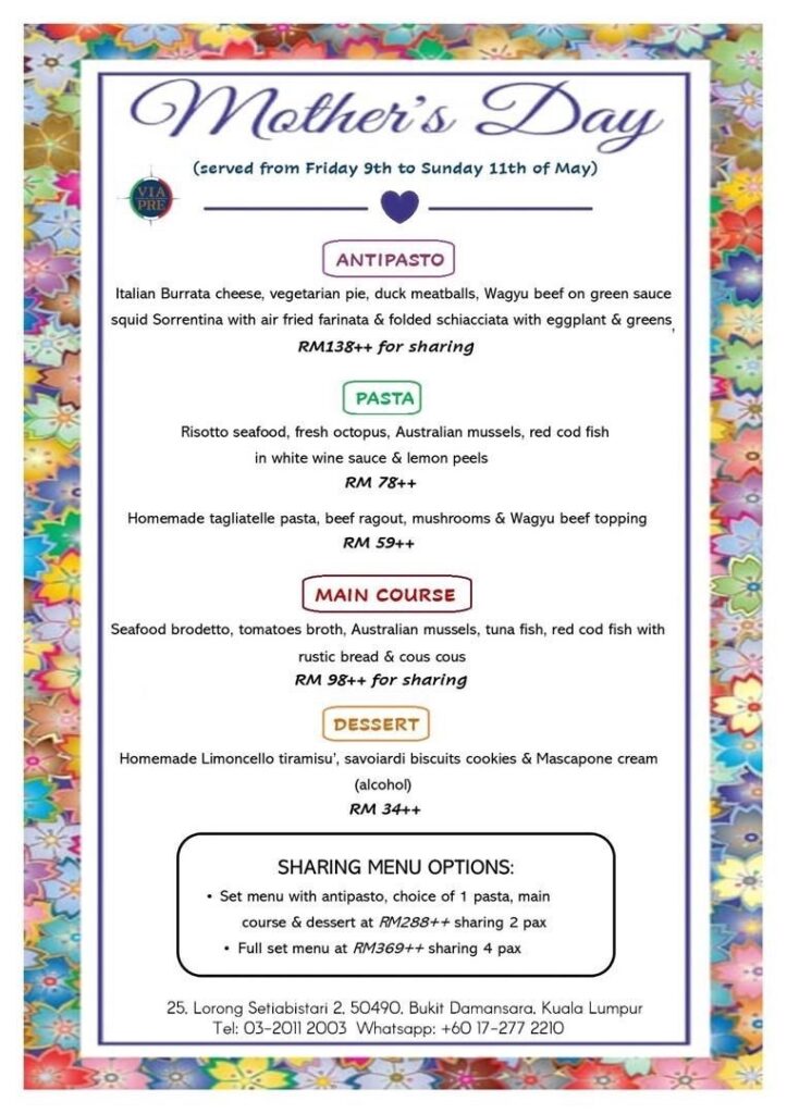 Via Pre Kuala Lumpur - Italian Restaurant Mother's Day Malaysia 2025