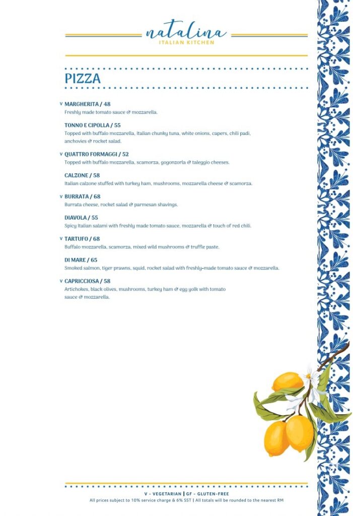 Natalina's new menu