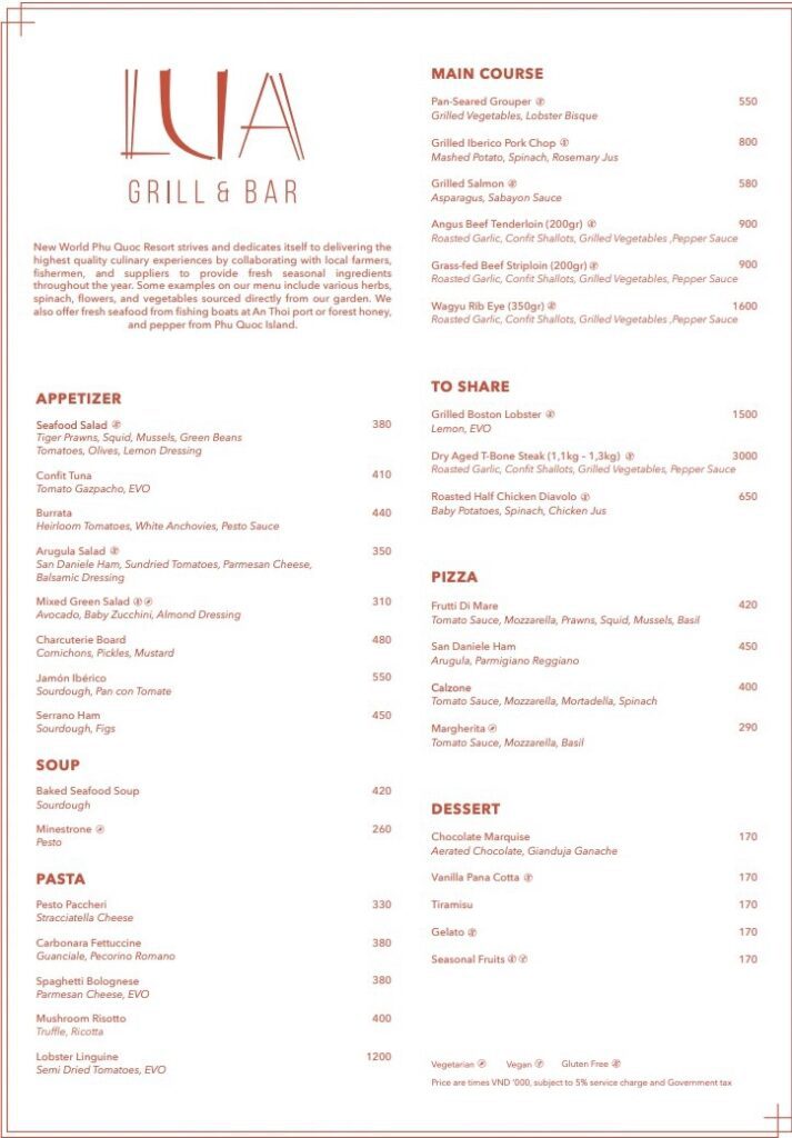 Lua Grill & Bar Menu Phu Quoc