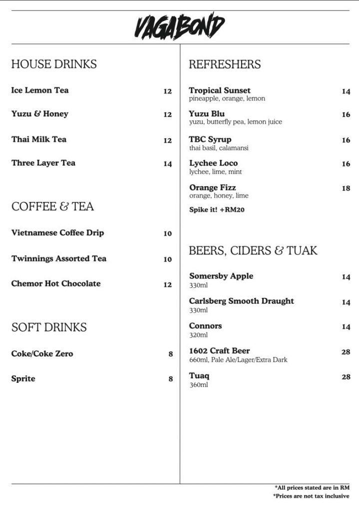 Vagabond KL Drinks Menu