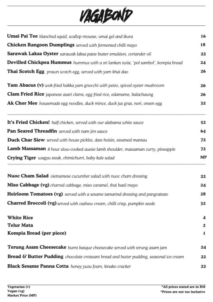 Vagabond KL Menu